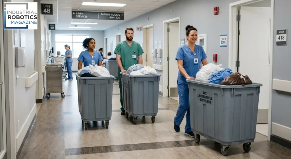Autonomous Mobile Robots for Hospital Logistics staff transporting linen